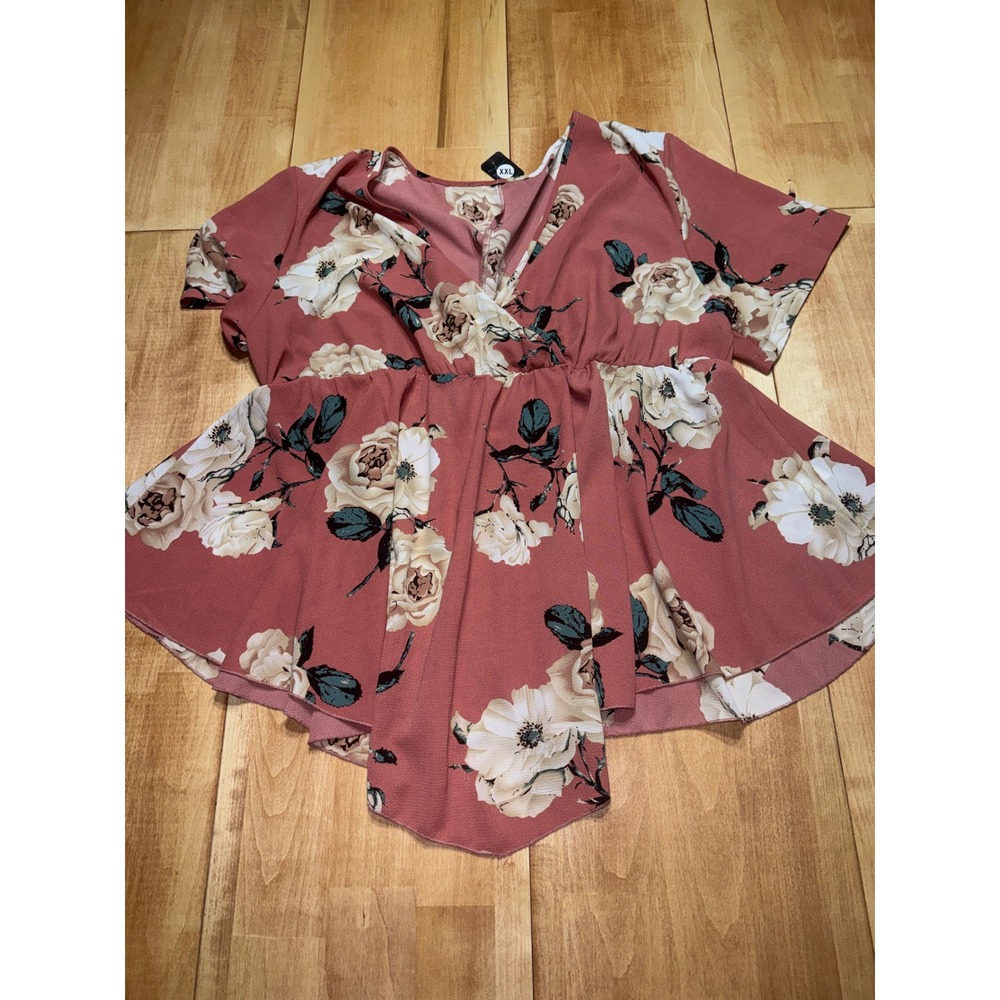 Chic‎ Floral Peplum V Neck Short Sleeve Blouse Top Women's XXL